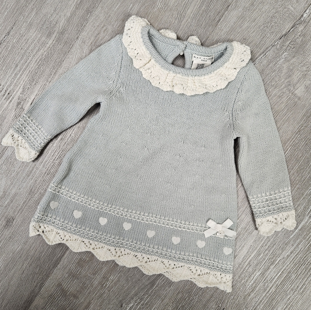 Max Studio Light Blue Knit Sweater Dress with Cream Trim